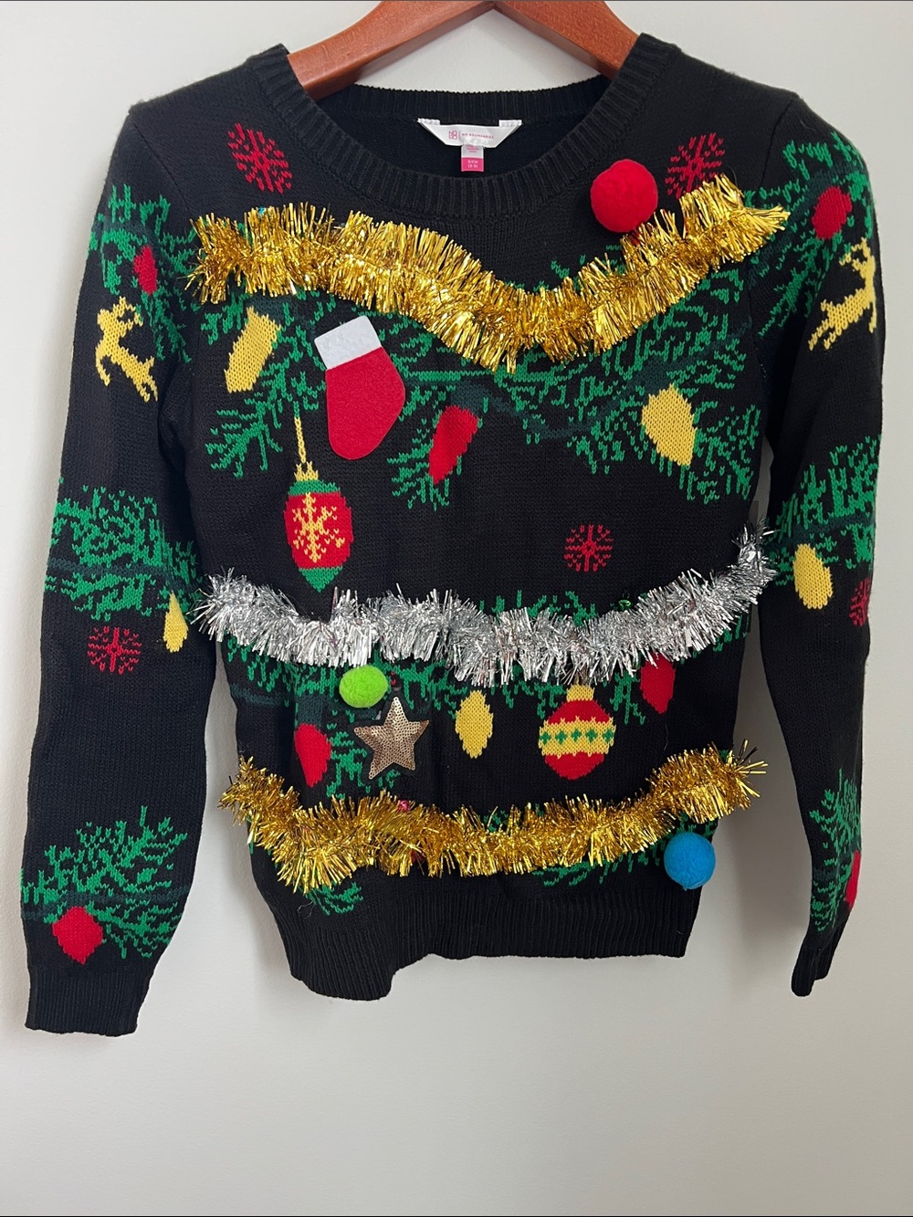 Festive Black Christmas Sweater with Tinsel Pom-Pom Accents & Bells NWT Size S